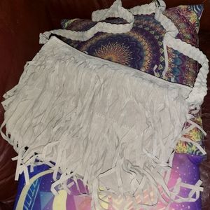 New Gray Fringe Faux Suede Purse With Adjustable Strap
